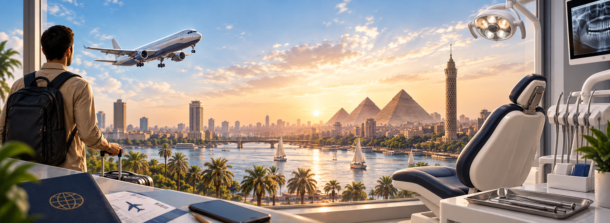 A traveller looking out over Cairo — the Nile, the pyramids and the Cairo Tower — beside a dental treatment room